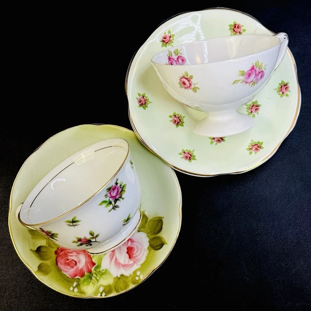 Mismatched‎ Tea Cups & Saucers Set Of 2 Vtg Bone China Pink Roses Green Floral